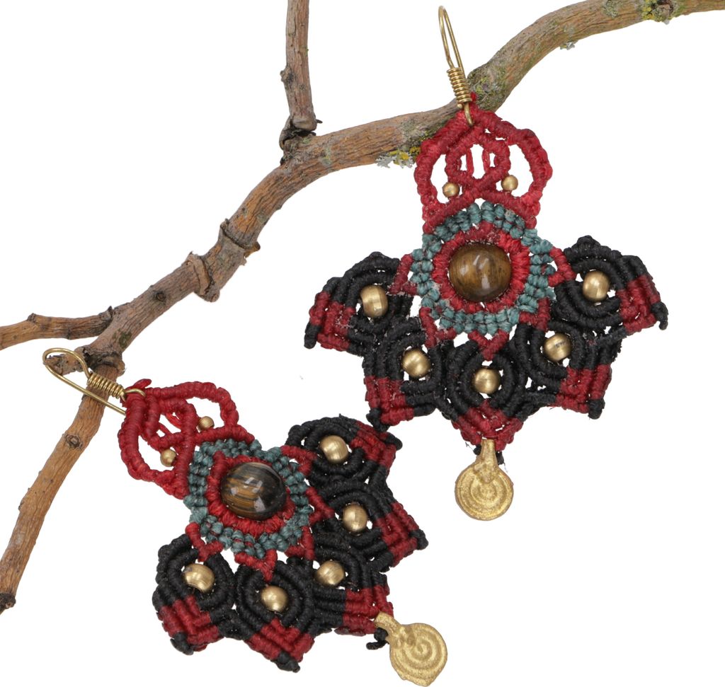 Makramee Ohrringe, Festival Schmuck - Modell 28, Rot, Messing,Nylon, Ohrringe + Ohrstecker Modeschmuck