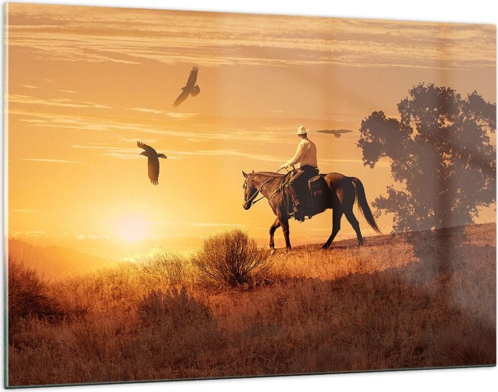 Bilder auf glas - Pferd Cowboy Bauernhof Reiten - 120x80cm - Glasbilder - Wandbilder - Kunstdruck - zum Aufhängen bereit - Wanddekoration aus Glas...