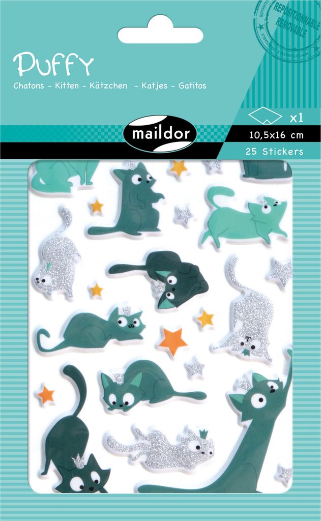 Maildor 10x Puffy, 1 Stickerbogen 10,5x16cm, Kätzchen - Mehrfarbig AE153C