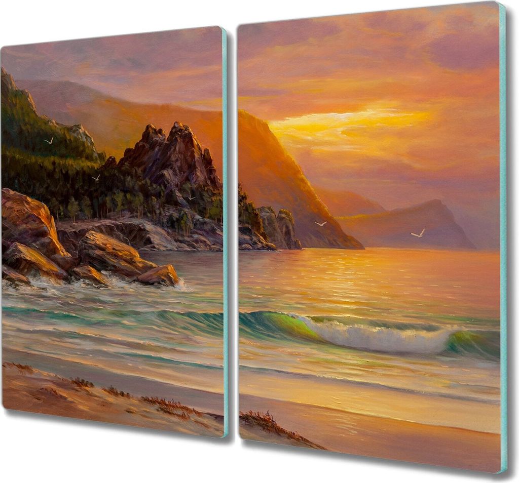Coloray Hackbrett Herdabdeckplatte 2x30x52 cm Küchenbrett Kochplattenabdeckung Schneidebrett - Bäume Sonnenuntergang Meer