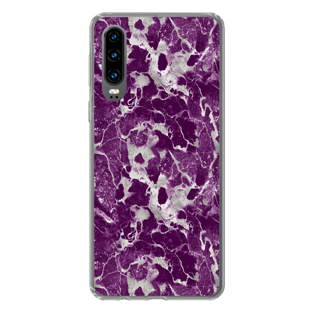 MuchoWow Handyhülle Schutzhülle Hülle für Huawei P30 Marmor - Glitter - Lila - Muster Silikon Softcase Handy Hülle - Kartenbesitzer