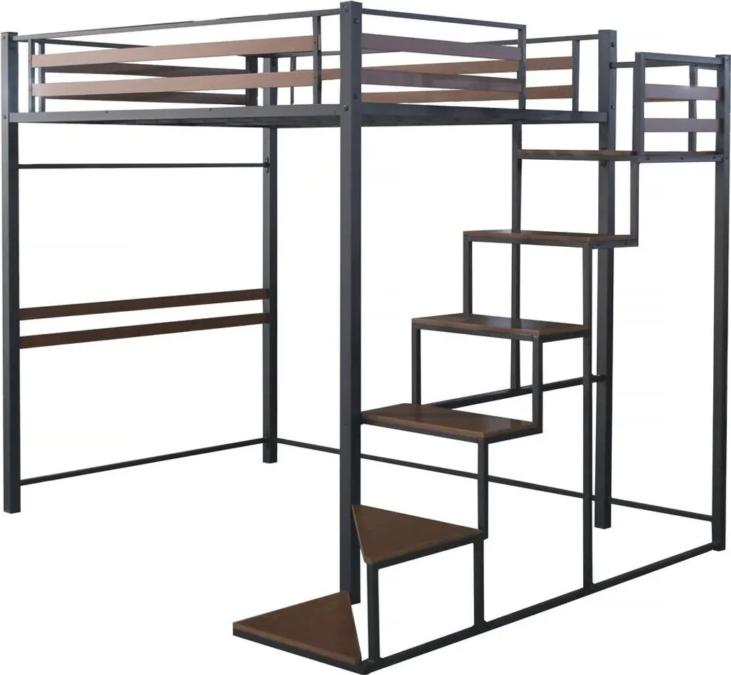 Lit mezzanine en métal LENA 140x190 cm avec escalier - Noir et Noyer
