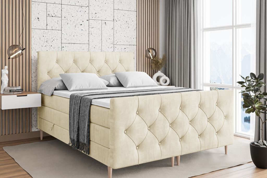 ALTDECOR Boxspringbett mit Holz Füßen, Matratze und Lattenrost, Topper, Fußteil, Polsterbett mit Bettkasten, Bett mit Stauraum H3- und H4- Matra...