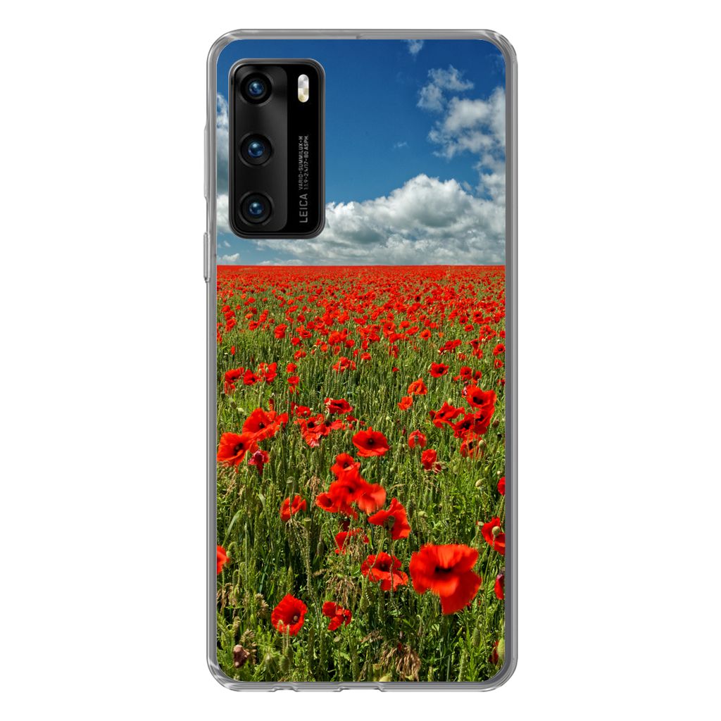 MuchoWow Handyhülle Schutzhülle Hülle für Huawei P40 Schneeweiße Wolken über einem Mohnblumenfeld Silikon Softcase Handy Hülle - Handytasche