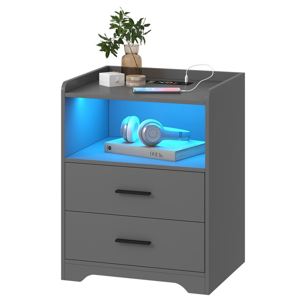 LVSOMT Moderner grauer Nachttisch aus Holz mit RGB LED-Beleuchtung, integrierter Ladefunktion und Steckdose, Praktischer Nachtschrank für Schlafzi...