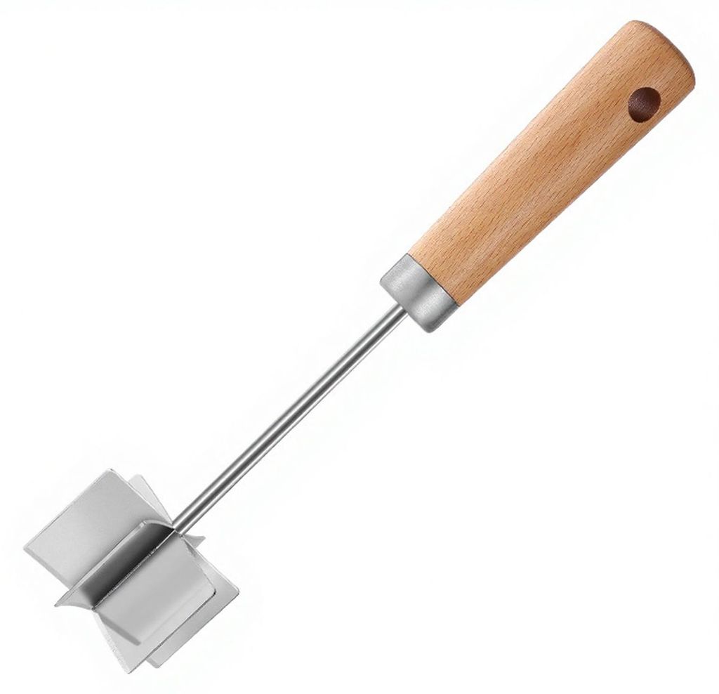 Fleischstampfer aus Edelstahl mit 6 scharfen Klingen und Holzgriff – ideal zum Zerkleinern von Hackfleisch, Burgern, Kartoffeln und Gemüse.