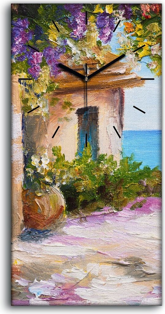 Wandbild Leinwand Bilder Wanduhr Quarz 30x60 Haus am Meer bunt Blumen Sommer - schwarze Hände