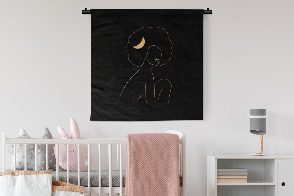 MuchoWow Wandteppich Wandbehang Frau - Mond - Gold - Strichzeichnung 90x90 cm Tapisserie Dekoration Wandtuch - Wandaufhänger