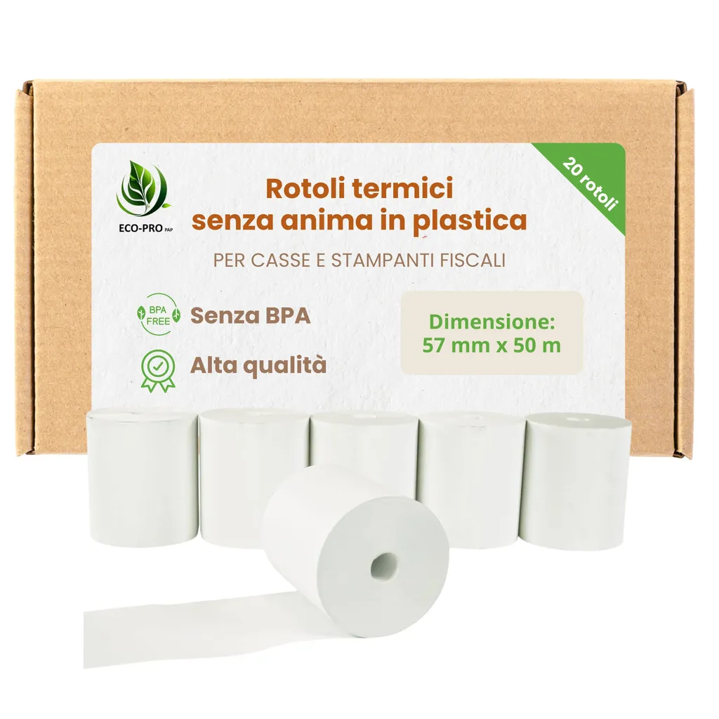 ECO - PRO PAP - Rotoli termici senza anima in plastica 57 mm x 50 m, rotolo per registratori di cassa in carta termica senza BPA, destinato a registratori di cassa e stampanti fiscali - confezione da 20 pezzi