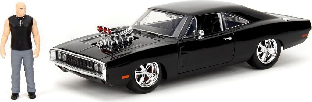 A black 1970 Dodge Charger R/T toy car with a figure of Dominic Toretto from Fast & Furious.