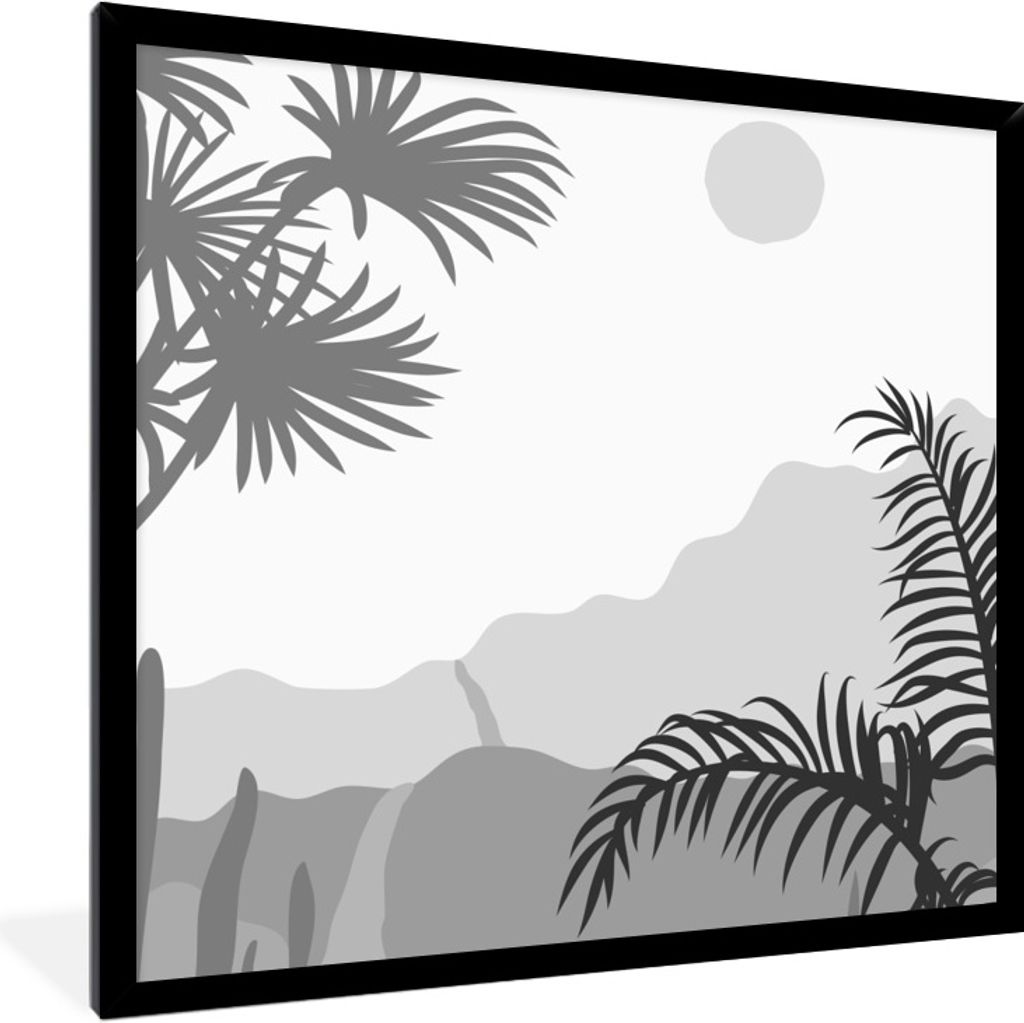 MuchoWow Gerahmtes Poster Illustration - Tropisch - Schwarz - Weiß 40x40 cm - Poster mit Schwarzem Bilderrahmen Wandposter Rahmen Foto Bilder - ...