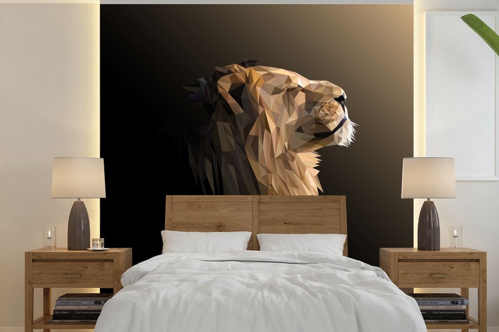 MuchoWow Fototapete für Wohnzimmer oder Schlafzimmer Wandtapete Vinyl Motivtapete Löwen - Illustration - Geometrisch - 260x260 cm - Papiertapeten