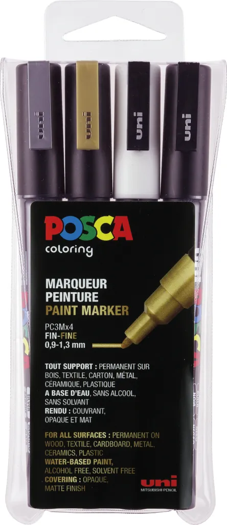 Set de 4 Feutres Peinture POSCA PC-3M à base d'eau - Pointe Fine Arrondie