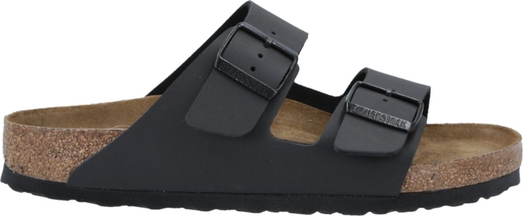 A black Birkenstock Arizona sandal is shown from the side against a white background.