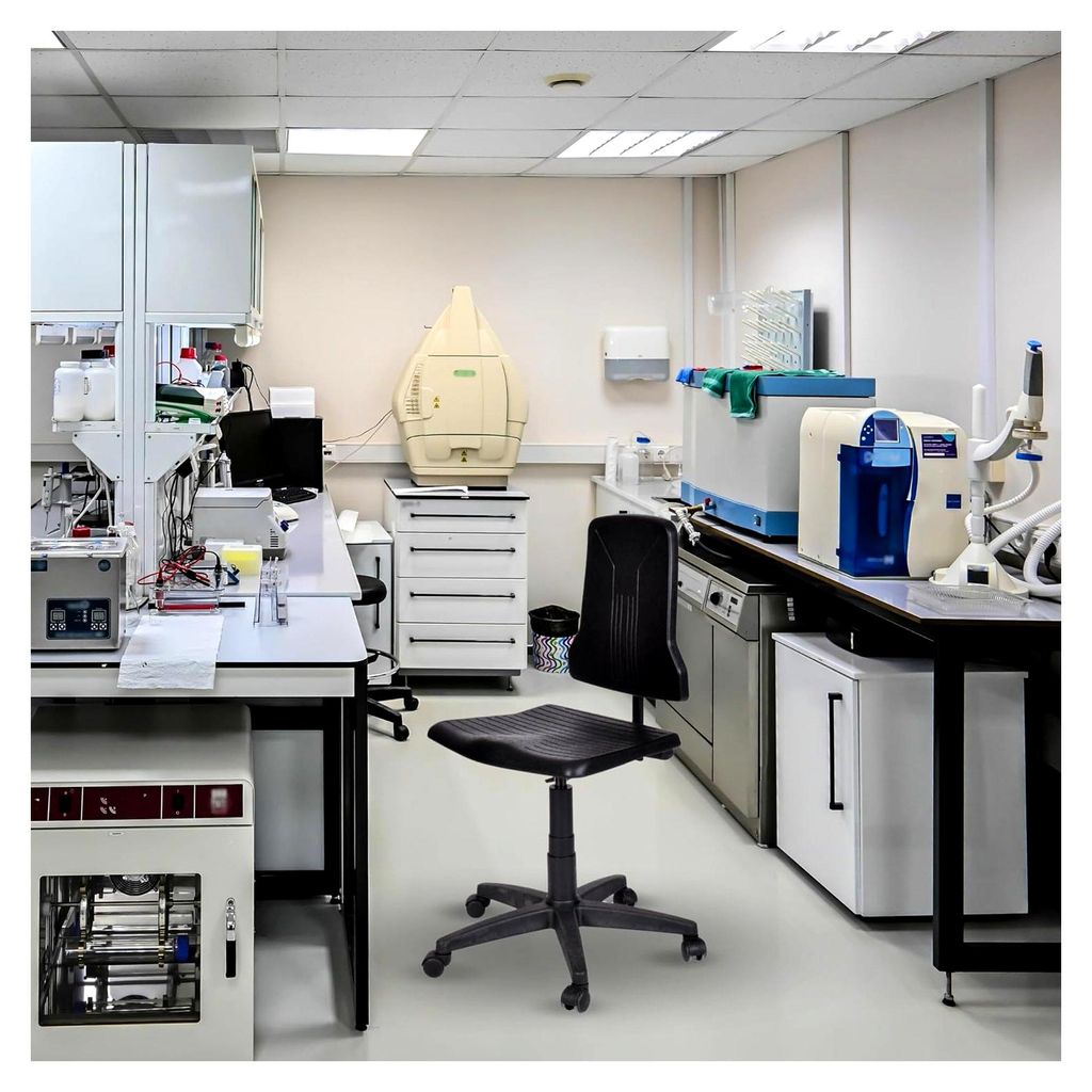 Ergonomischer Arbeitsstuhl aus Polyurethan für Labor, höhenverstellbar, leicht zu reinigen, stabile Basis mit Kunststoffrollen