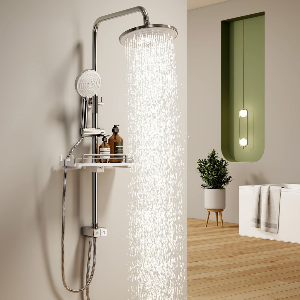A shower system with a showerhead and handheld showerhead, a shelf with bottles, and water flowing from the showerhead.