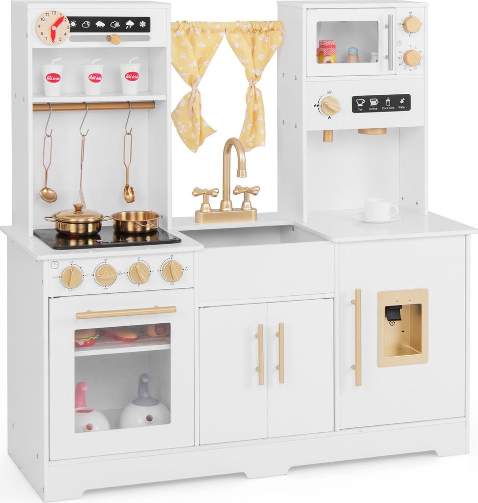 GOPLUS Spielküche Holz, Kinderküche mit Kaffeemaschine, Ofen, Spüle, Vorhang, Mikrowelle, Wasserspender, Utensilien, Weiß