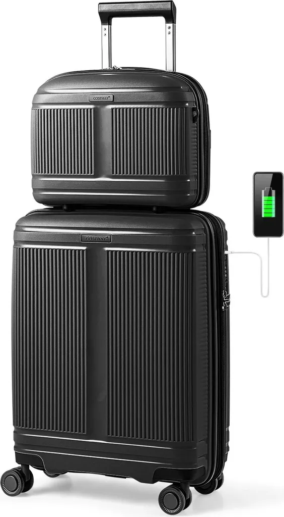 Valise cabine anti-choc extensible en PP noir avec trousse de toilette