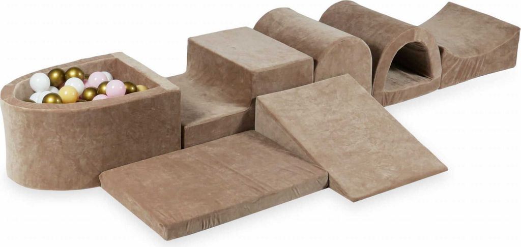 Größtes Schaumstoff-Spielset mit Mikro-Bällepool – Samtig weiches Dunkelbeige + 100 Bällebadbälle / Weiß, Babyrosa, Beige, Altgold
