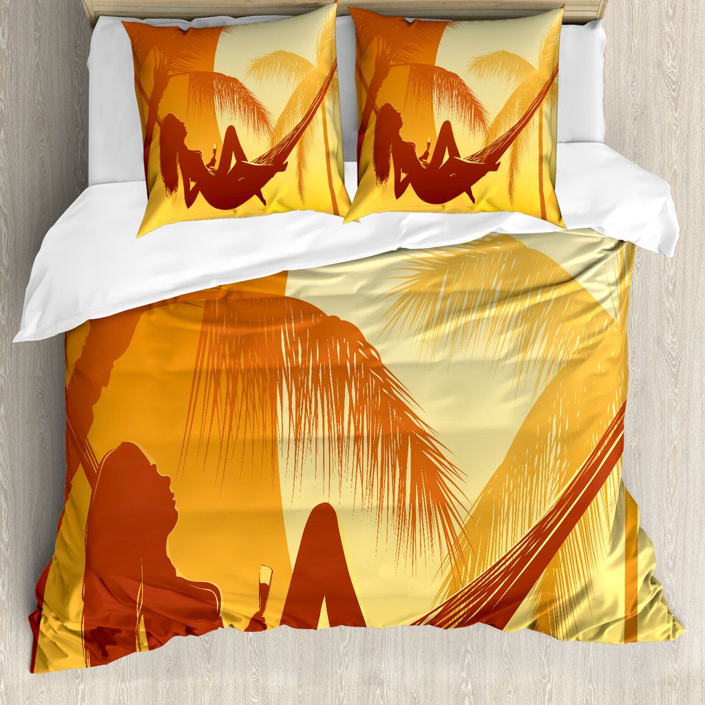 ABAKUHAUS Tropisch Bettbezugs Set Für Doppelbetten, Majestätische Sonnenuntergang-Ansicht, Milbensicher Allergiker geeignet mit Kissenbezügen, O...