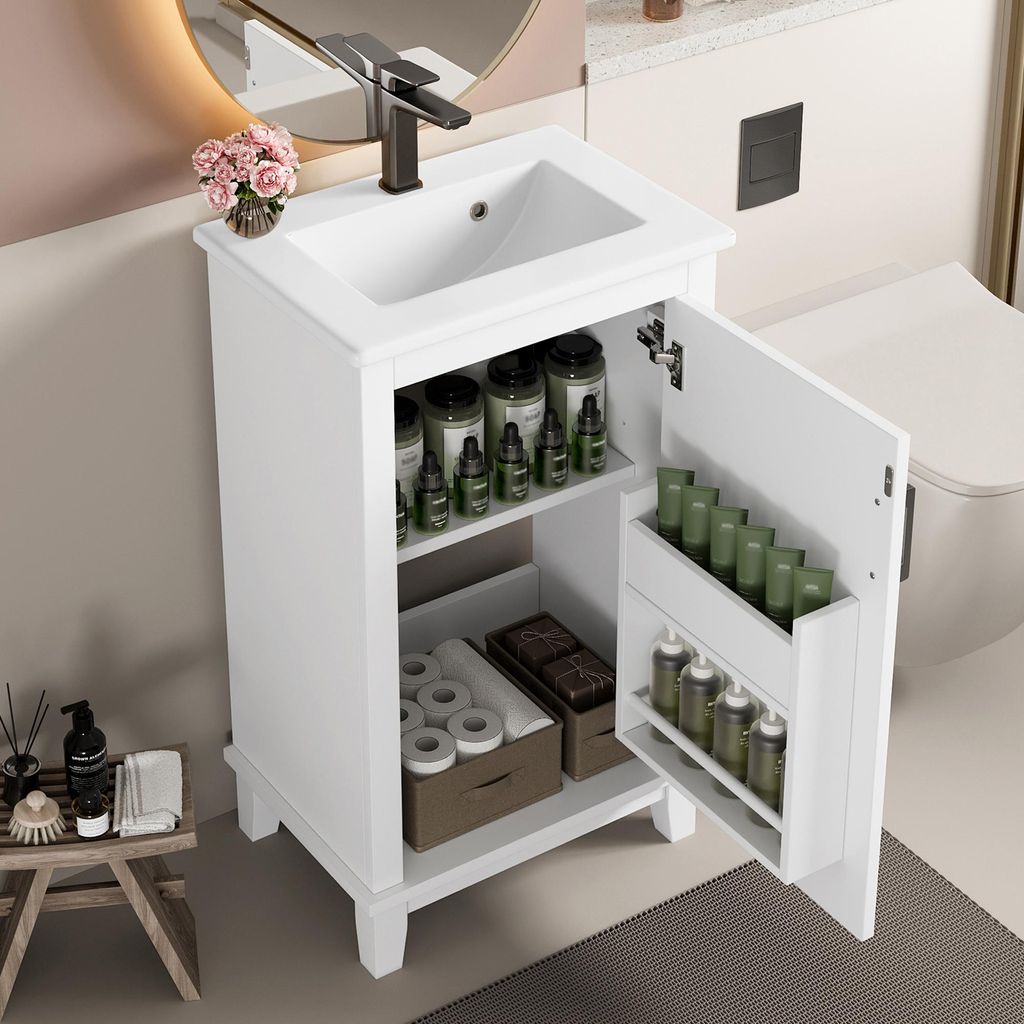 MODFU Bodenstehender Schrank mit integriertem Keramikwaschbecken und verstellbarem Einlegeboden, Badezimmerschrank mit Waschtisch, platzsparend, weiß