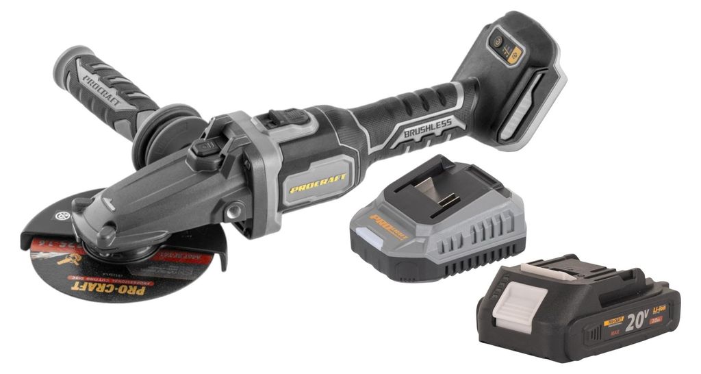 Procraft Industrial AG125Cbb Akku Flachkopf Winkelschleifer 20 V 125 mm Brushless + 1x Akku 2,0 Ah + Ladegerät