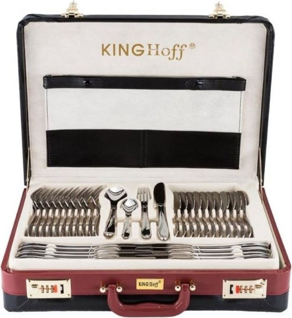 An open suitcase filled with cutlery, displayed on a white background.