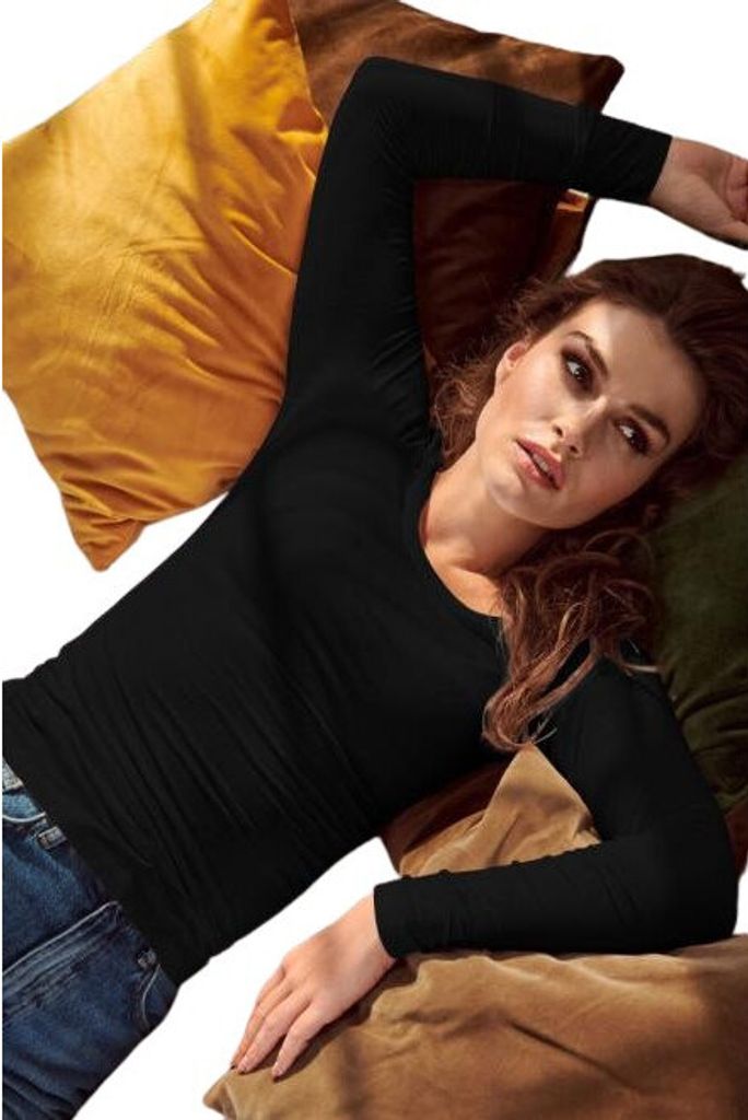 Elegantes Damen-Langarmshirt mit tiefem Ausschnitt, 95% Baumwolle, 5% Elasthan, unbedruckt, einfarbig, 160g/m2, Farbe schwarz, Größe S