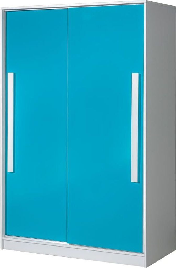 Kinderzimmer - Schiebetürenschrank / Kleiderschrank Walter 12, Farbe: Weiß / Blau Hochglanz - 191 x 120 x 60 cm (H x B x T)