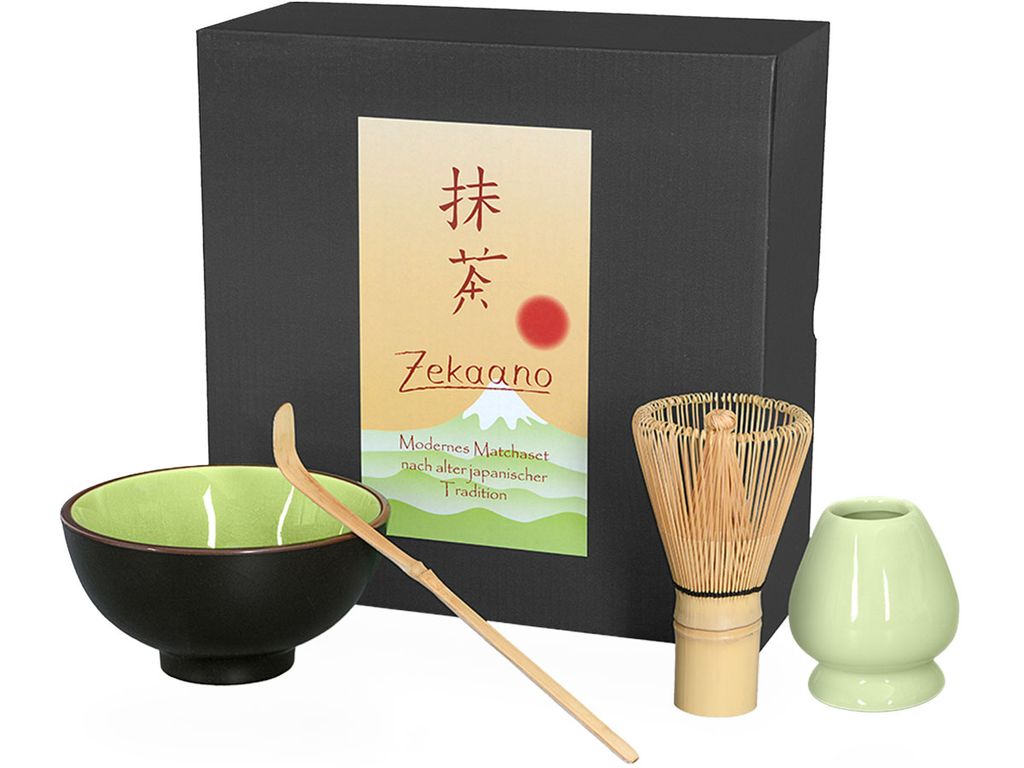 Matcha Set / Matchaset mit Matcha Schale 250ml sommergrün, Besen, Löffel und Halter in Geschenkbox