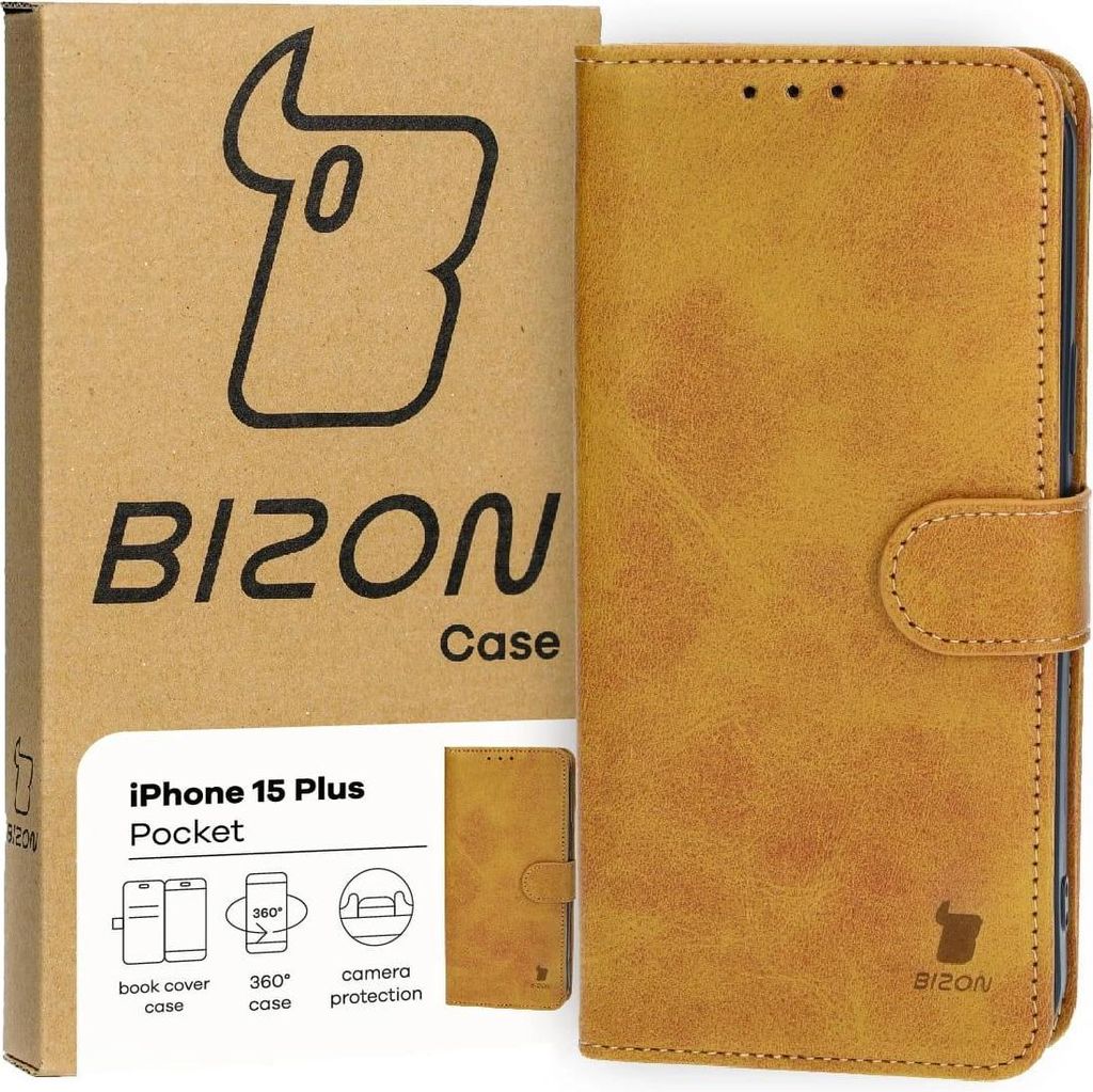Bizon Case Pocket Flip Case für iPhone 15 Plus, Braun