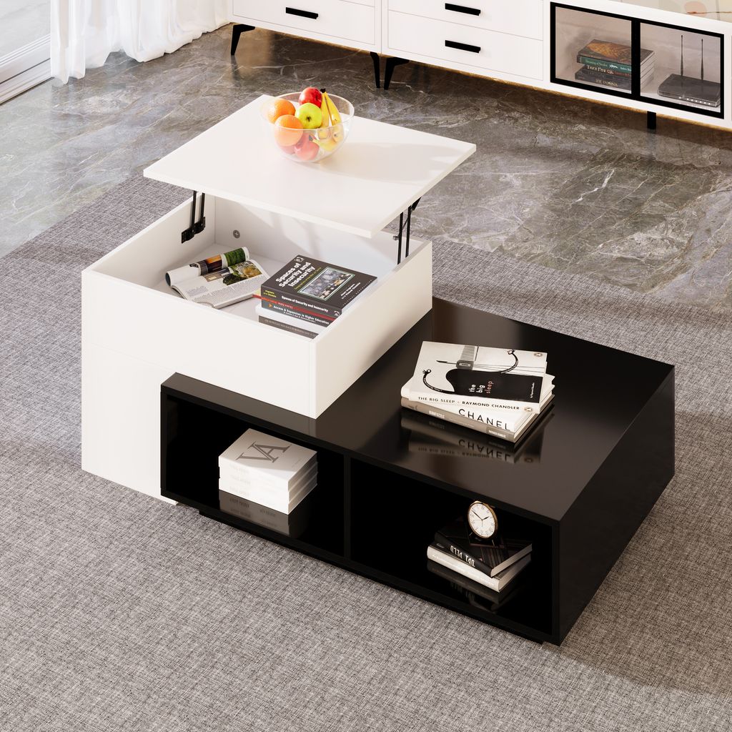 AIORBER Couchtisch, höhenverstellbar, schwarz-weiß, stabil, mit Ablagefach, pflegeleicht, für den Wohnbereich, 90 x 60 x 28 cm, Schwarz