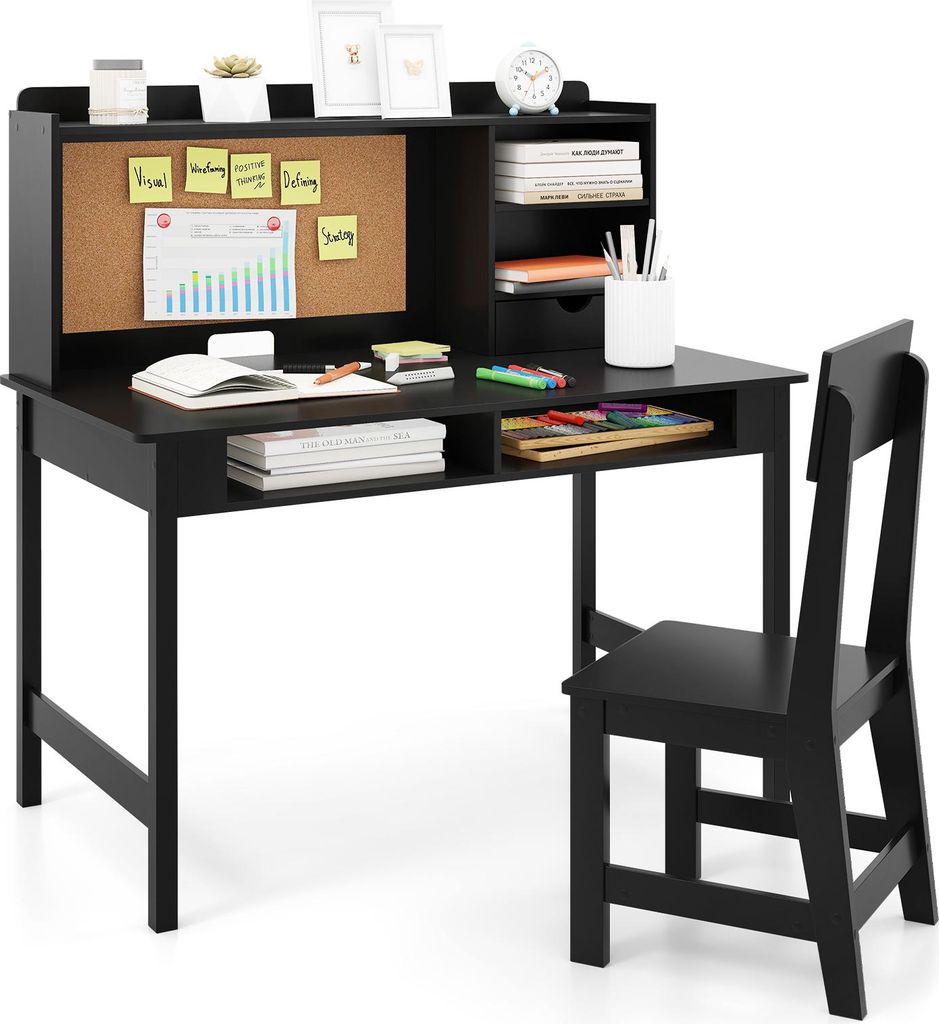 COSTWAY Schreibtisch Kinder, Kinderschreibtisch Set, Jugenschreibtisch mit Pinnwand, Stuhl, Aufsatz, Schublade & Regalen, für Kinder ab 3+, Schwarz