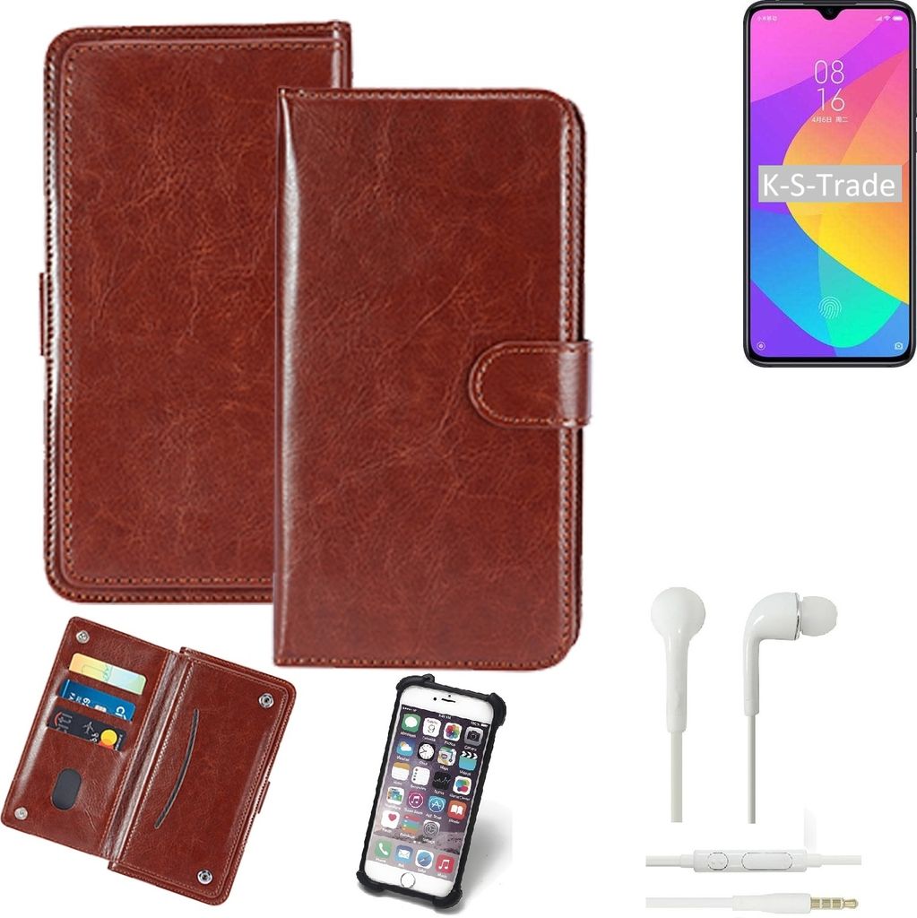 K-S-Trade 360° Hülle kompatibel mit Xiaomi MI 9 Lite inkl. Headphones braun Kunstleder Case BookCase WalletCase Kunstlederederhülle Handyhülle,