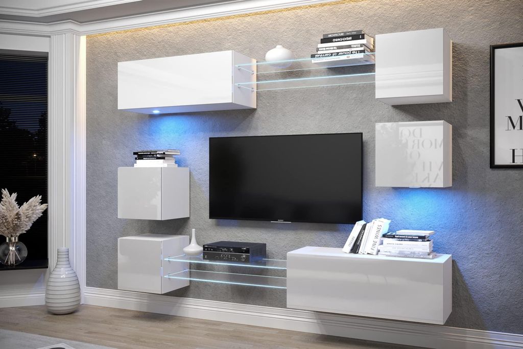 Furnitech Wohnwand Wohnzimmer - Wohnzimmer Möbel mit LED Weiß - Hängend Wohnwand Modern - Regale und TV Schrank (AN65N-21W-HG2)