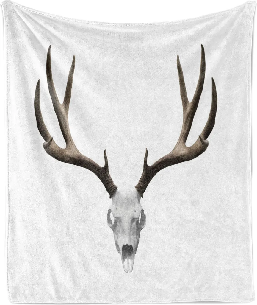 ABAKUHAUS Coperta morbida in flanella e pile con corna, teschio di cervo, ossa e collezione Halloween per cacciatori, 175 x 230 cm, taupe caldo e grigio chiaro