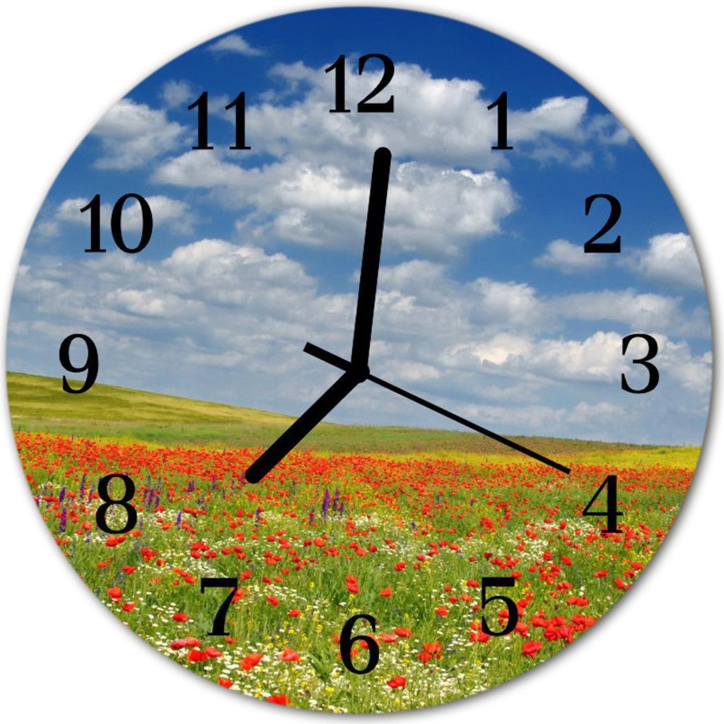 Glasuhr Wanduhr Küchenuhr Echt-Glas 30fi cm Mohnblumen Feld rot blau