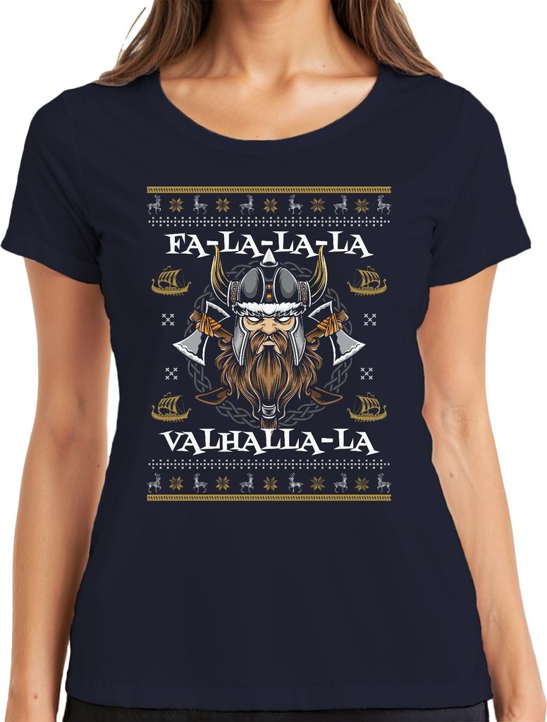 Fa La La La Valhalla La Wikinger - Weihnachten Weihnachtsgeschenk Christmas Damen T-Shirt, Navy, L