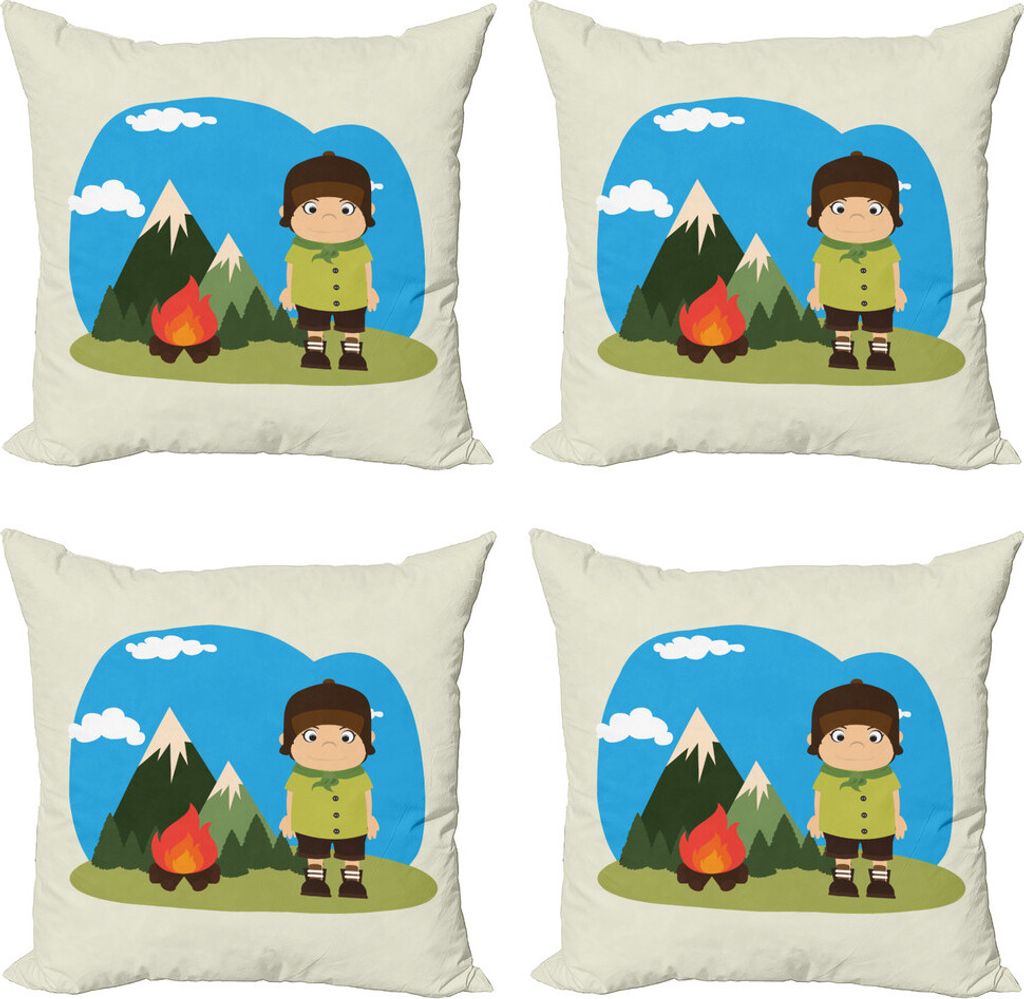 ABAKUHAUS Bunt Kissenbezug Set (4 Stück), Kid Lagerfeuer auf Berge, Moderner Doppelseitiger Digitaldruck, 40 cm x 40 cm, Mehrfarbig