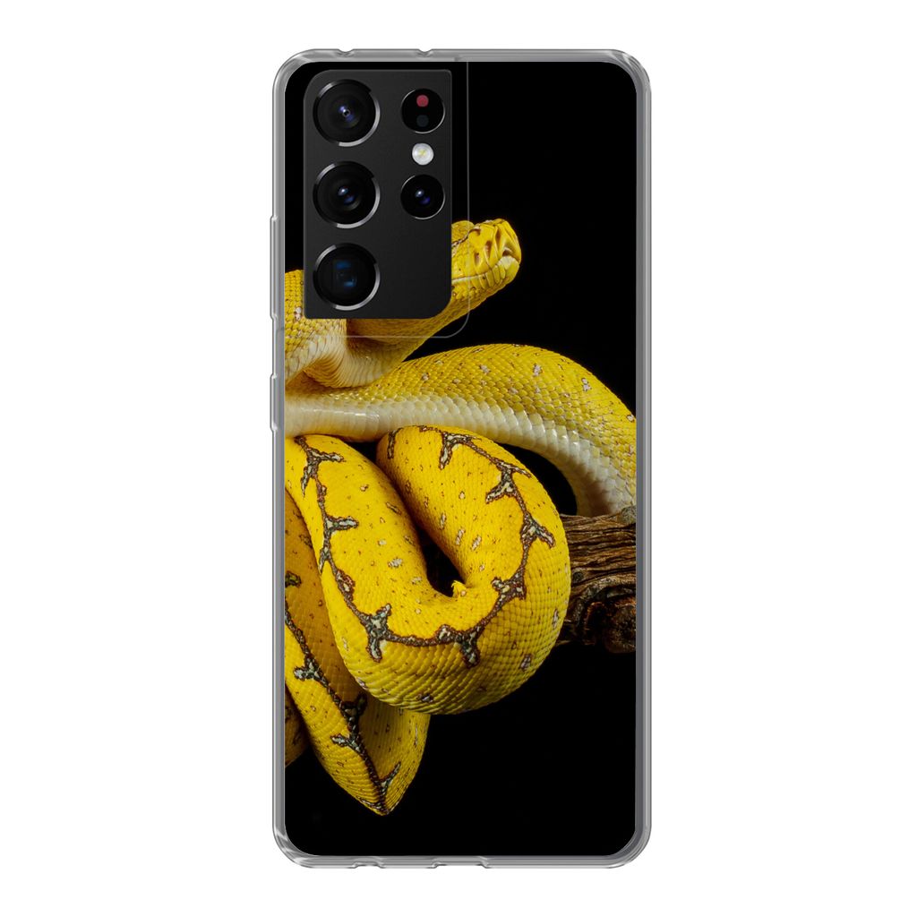 MuchoWow Handyhülle Schutzhülle Hülle für Samsung Galaxy S21 Ultra Schlange - Zweig - Gelb Silikon Softcase Handy Hülle - Mobiltelefon