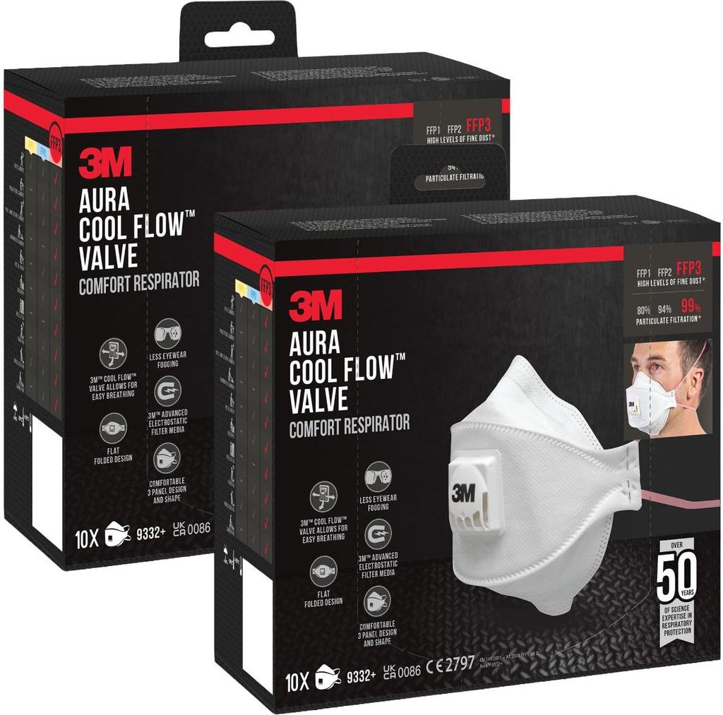 3M Aura 9332+ FFP3 Cool Flow Ventil Partikelmaske 2x10er Produktbild 