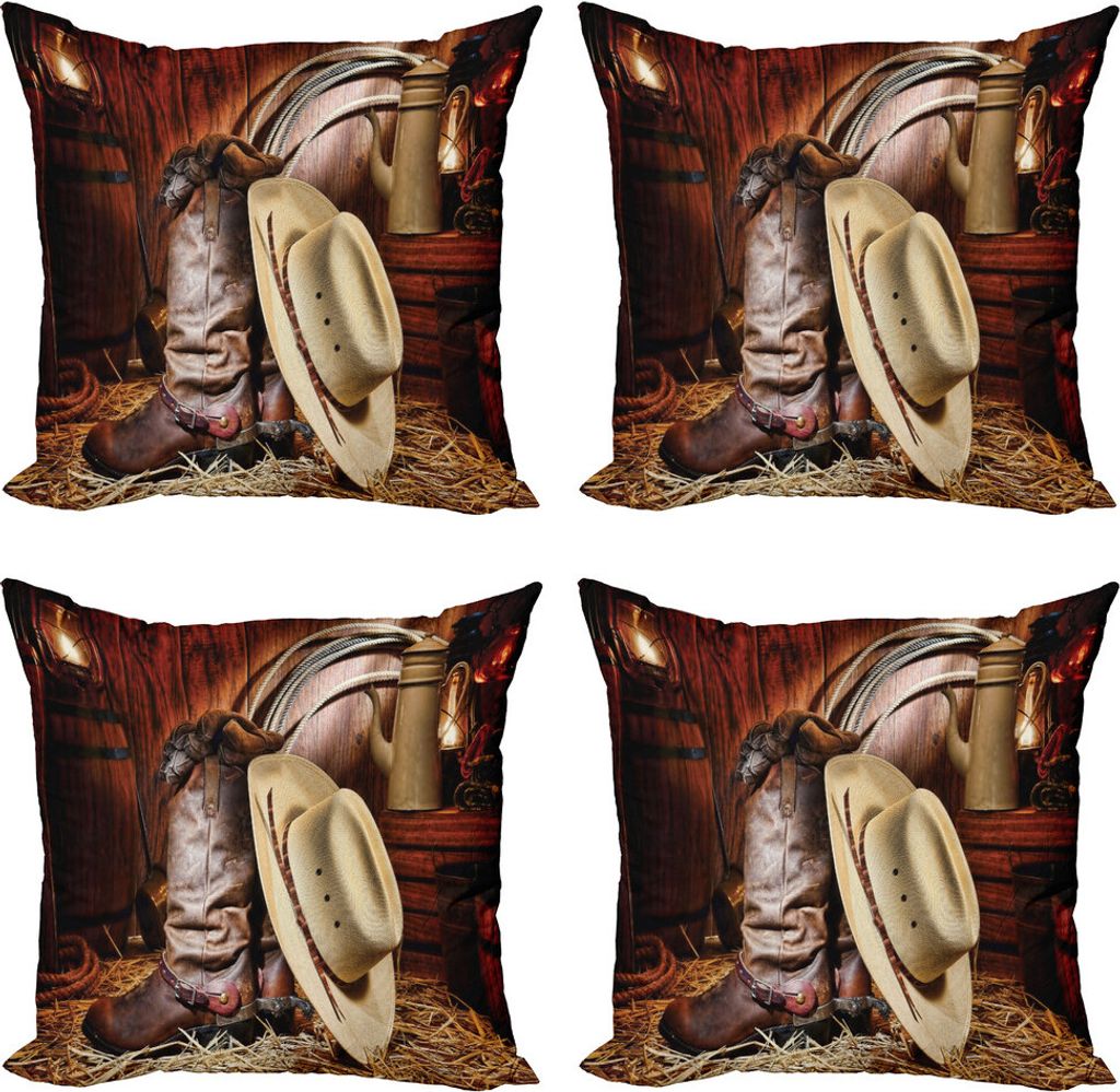 ABAKUHAUS Western Kissenbezug Set (4 Stück), Amerika Retro Rodeo, Moderner Doppelseitiger Digitaldruck, 60 cm x 60 cm, braun Beige