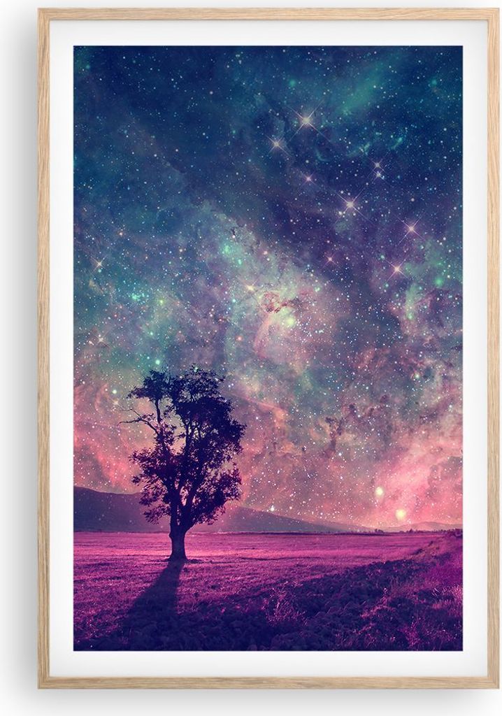 Gerahmtes Poster - Rahmen in heller Eiche - Kosmos Baum Wiese - 61x91,5 cm - Wand Bild - Wanddeko - Wandbilder - Wandposter - Bilderrahmen - Bilder...