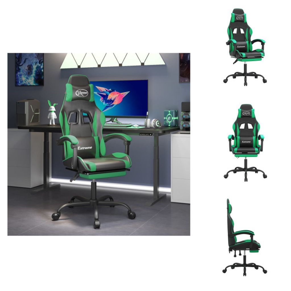 vidaXL Gaming-Stuhl mit Fußstütze Drehbar Schwarz & Grün Kunstleder - Gaming-Sessel