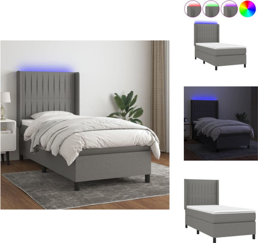 vidaXL Boxspringbett mit Matratze & LED Dunkelgrau 90x190 cm Stoff - Betten & Bettgestelle