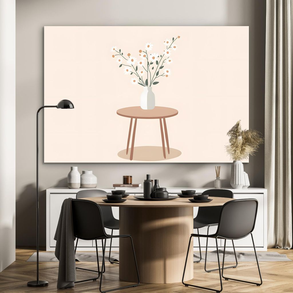 MuchoWow Wanddekoration Metall Metallbild Wandkunst 150x100 cm Vase - Blumen - Gänseblümchen - Beige MuchoWow Aluminium Gemälde - Alu Dibond Bild