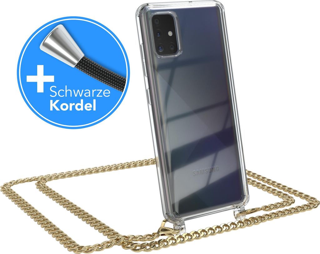 EAZY CASE Metall Handykette für Samsung Galaxy A51, Handyhülle mit Umhängeband, Silikonhülle, Metallkette für Smartphone in Gold