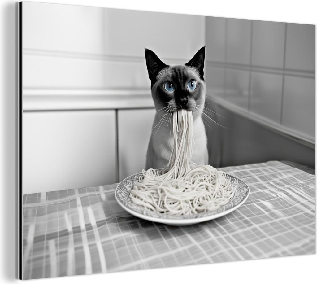 MuchoWow Wanddekoration Metall Metallbild Wandkunst 90x60 cm Katze - Siamese - Schwarz und weiß - Niedlich - Tiere MuchoWow Aluminium Gemälde - W...