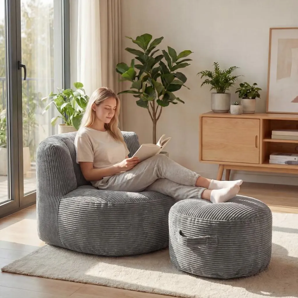 Fauteuil de chambre confortable gris en flanelle avec pouf rond de repos - 2