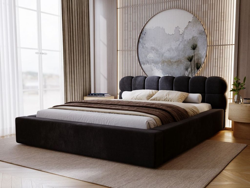 GrainGold Polsterbett Plaza 140x200 cm - Bett 140x200, Polsterbett mit Bettkasten und Lattenrost - Schwarz (Komodo 23)